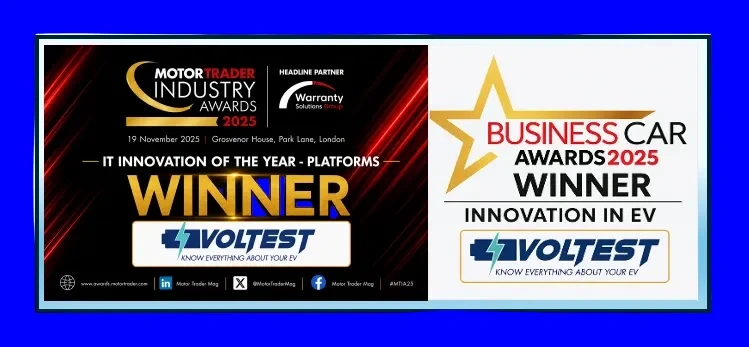 Voltest winner badges: Motor Trader Industry Awards 2025 and Business Car Awards 2025
