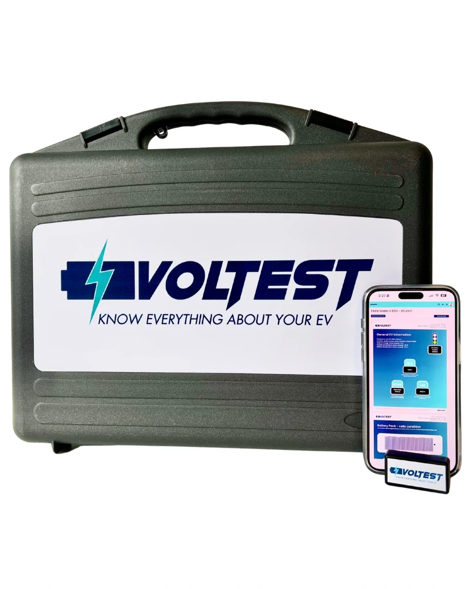 Voltest EV battery testing kit with case, reader and example phone report