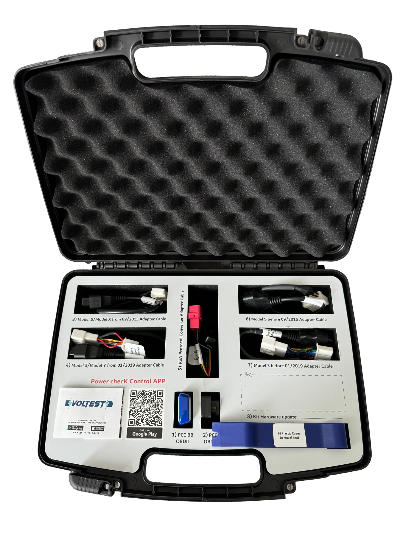 Open Voltest kit showing diagnostic readers and adapter cables